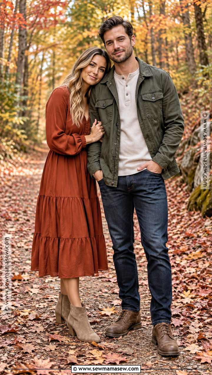 Rust Dress And Olive Jacket Couple Outfit - 20 fall couple photoshoot outfit ideas