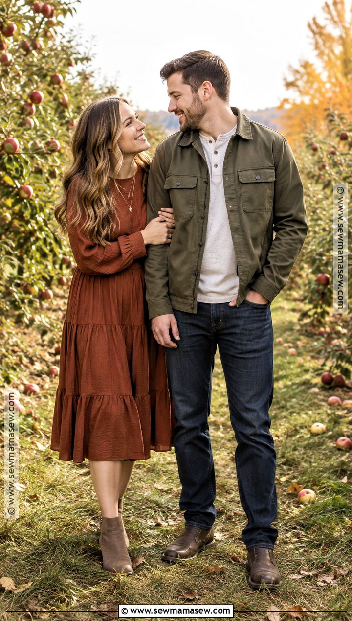 Rust Dress And Olive Jacket Fall Couples Photoshoot Outfit - 25 fall couples photoshoot outfits