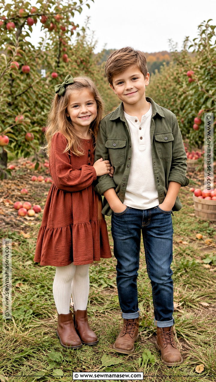 Rust Dress And Olive Overshirt Sibling Fall Outfit - 15 sibling fall outfits