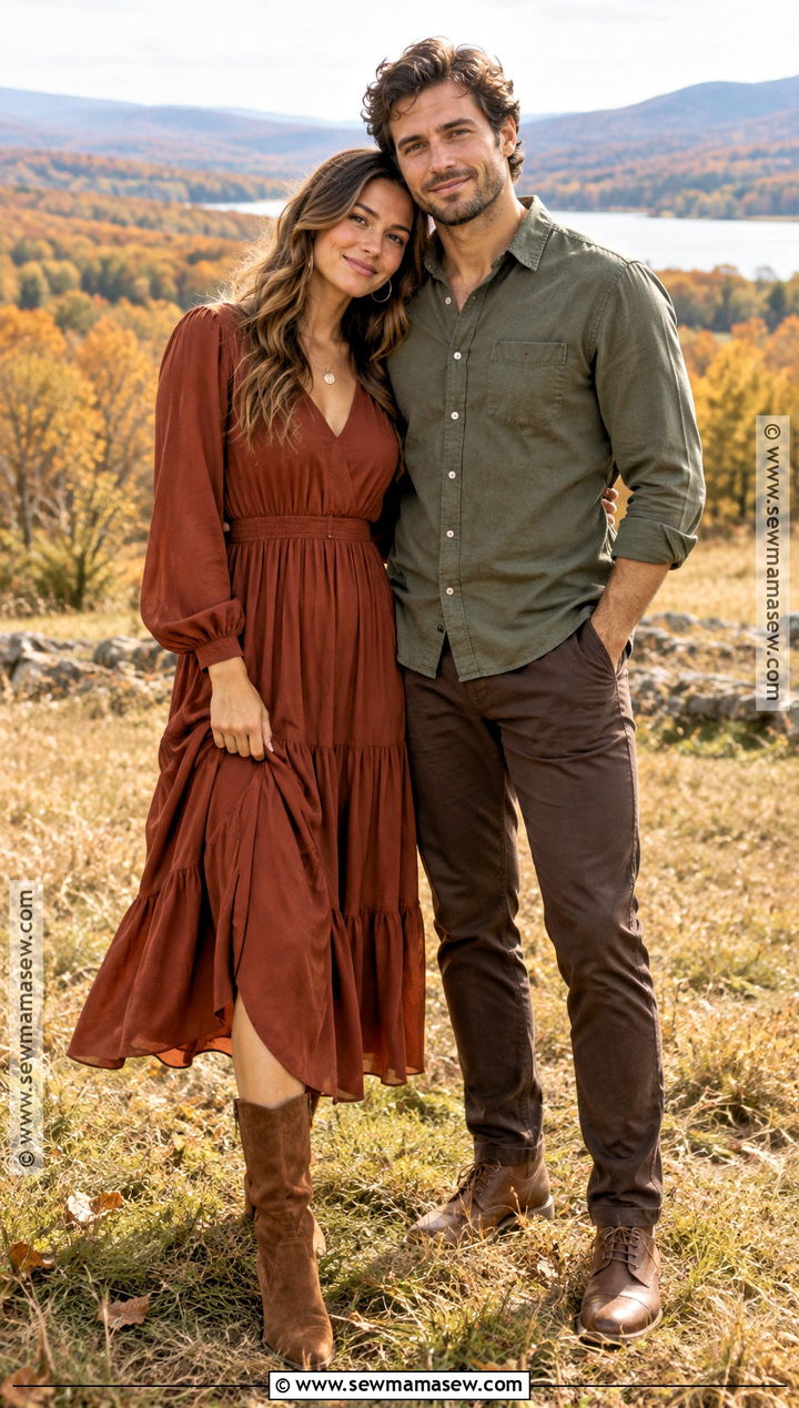 Rust Dress And Olive Shirt Fall Couple Outfit - 20 fall couple photoshoot outfits photo ideas outdoor