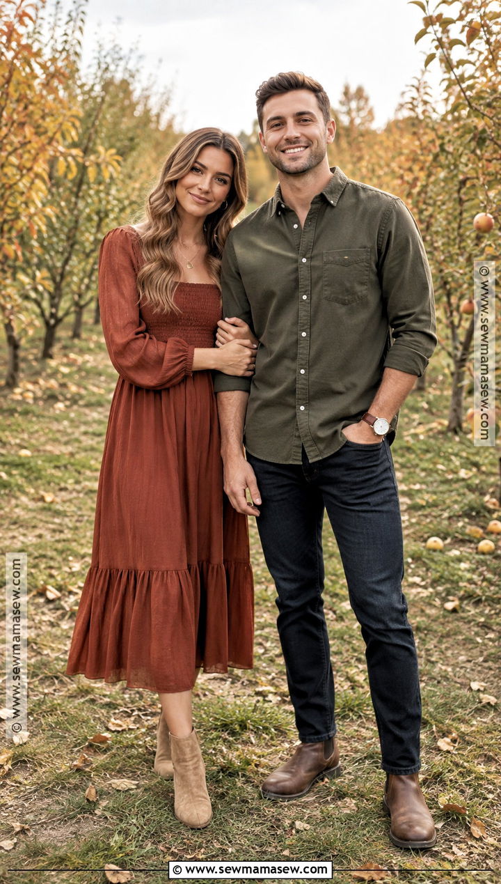 Rust Dress And Olive Shirt Fall Couples Photo Outfit - 20 Fall Outfits Couples Photo Ideas