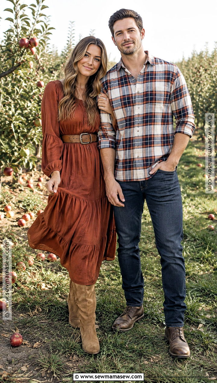 Rust Dress And Plaid Shirt Fall Couple Photo Outfit - 20 fall couple photos outfits