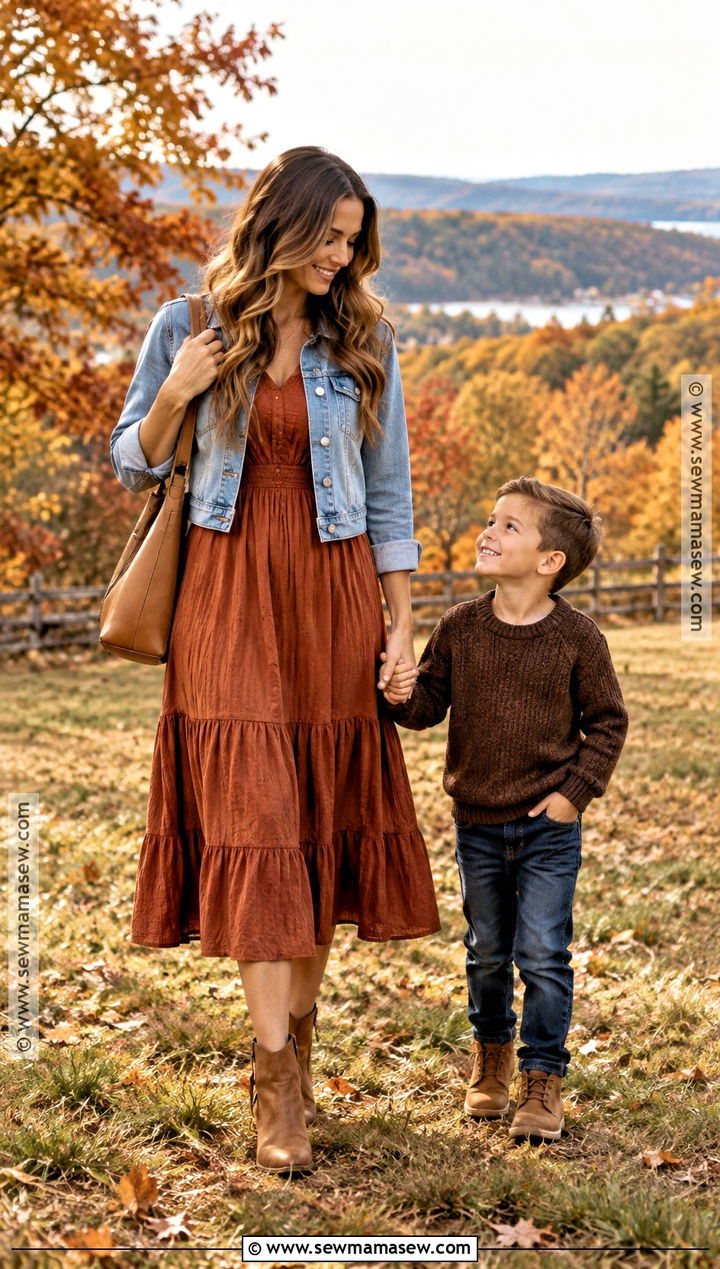 Rust Dress and Brown Sweater Outfit - 15 fall mom and son outfits