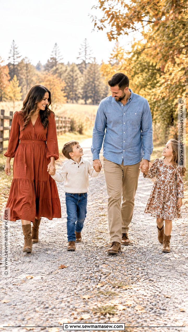 Rust Dress and Chambray Fall Family Picture Outfits - 15 fall theme family picture outfits