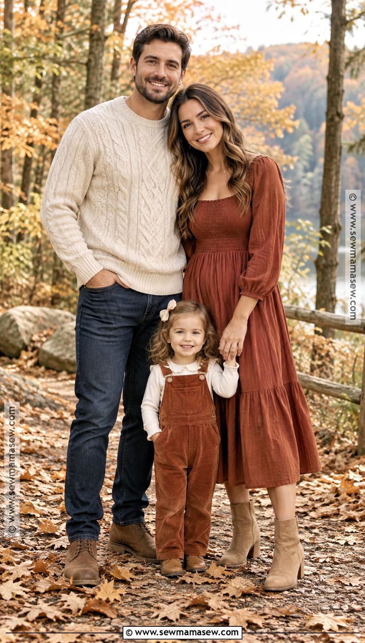 Rust Dress and Cream Sweaters Fall Family Photoshoot Outfit - 15 fall photoshoot outfits family of 3