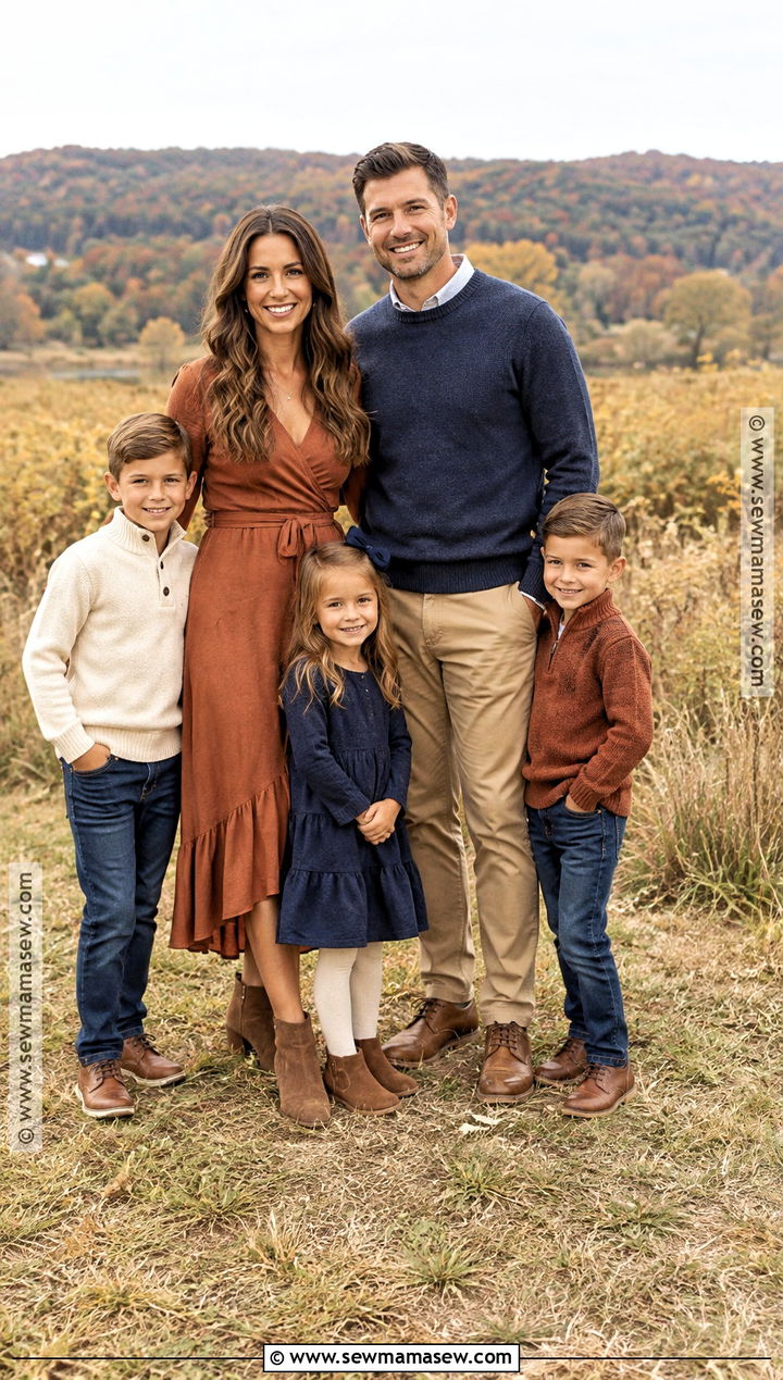 Rust Dress and Navy Layers Fall Family Outfits - 25 fall family outfits