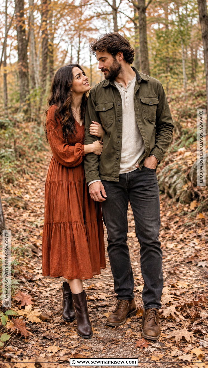 Rust Dress and Olive Overshirt Fall Couple Outfit - 15 fall couple pics outfits