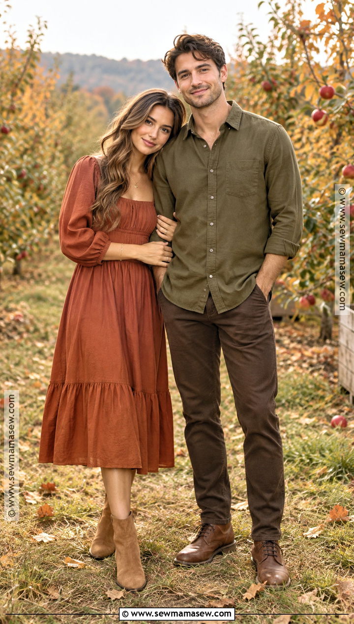 Rust Dress and Olive Shirt Fall Couple Outfit - 15 outfit ideas for couples photoshoot fall