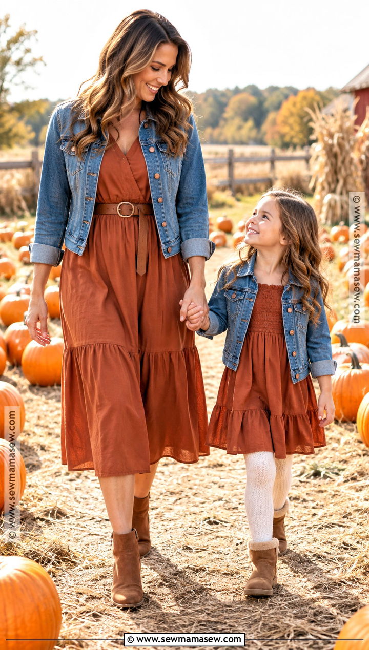 Rust Dresses and Denim Jackets Pumpkin Patch Outfit - 15 mom and daughter pumpkin patch outfits