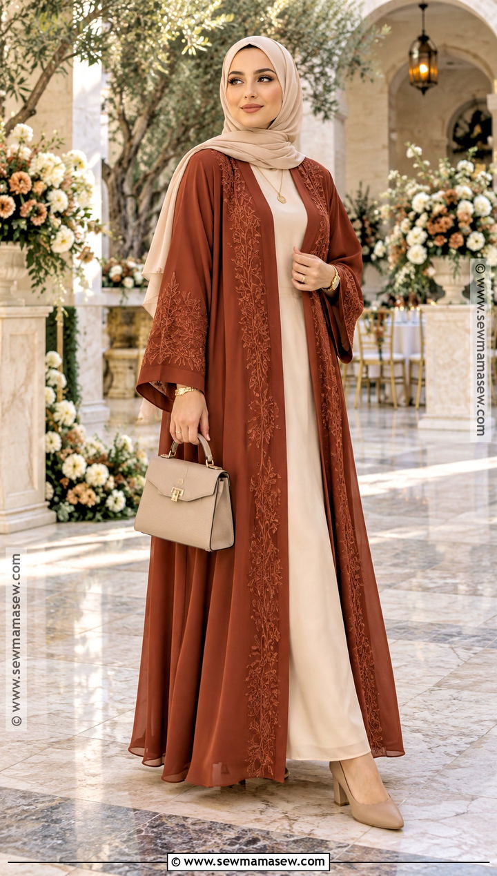 Rust Embroidered Abaya With Block Heels - 15 autumn abaya outfits