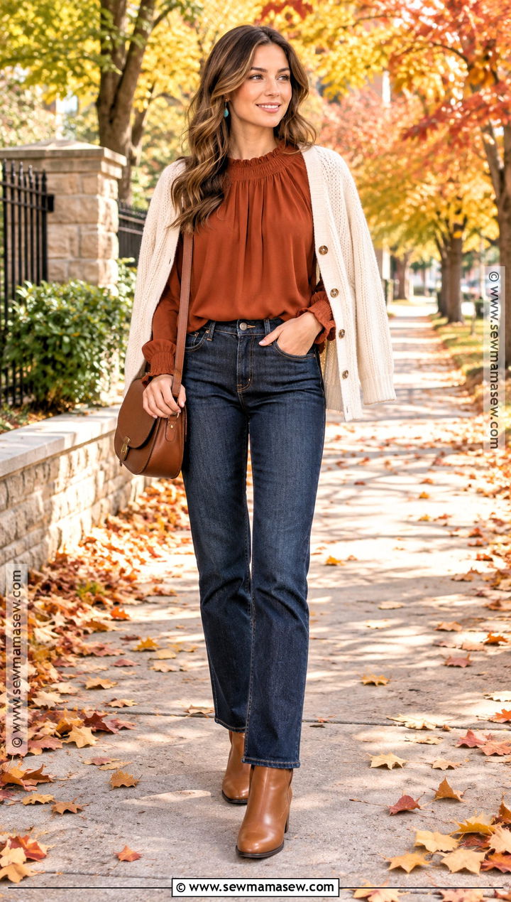 Rust Fall Blouse With Dark Denim - 20 fall blouse ideas