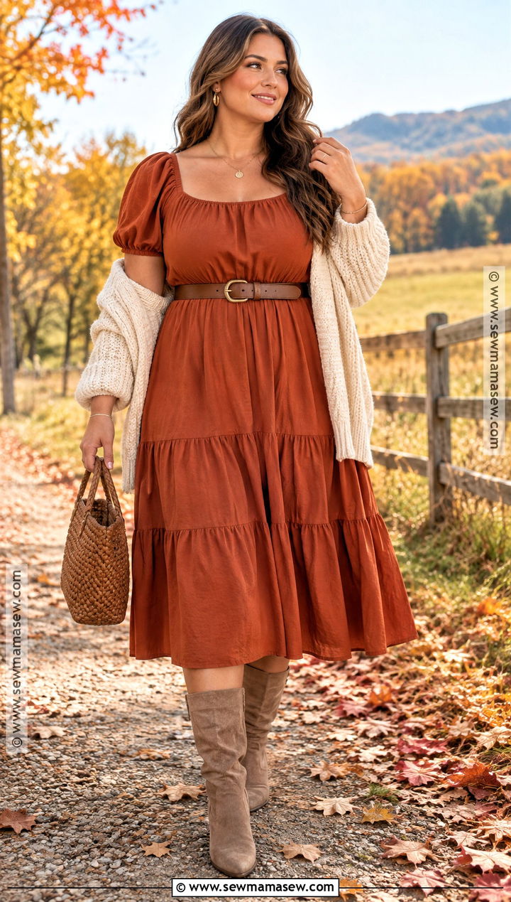 Rust Fall Country Dress With Suede Boots - 15 Fall Country Dresses