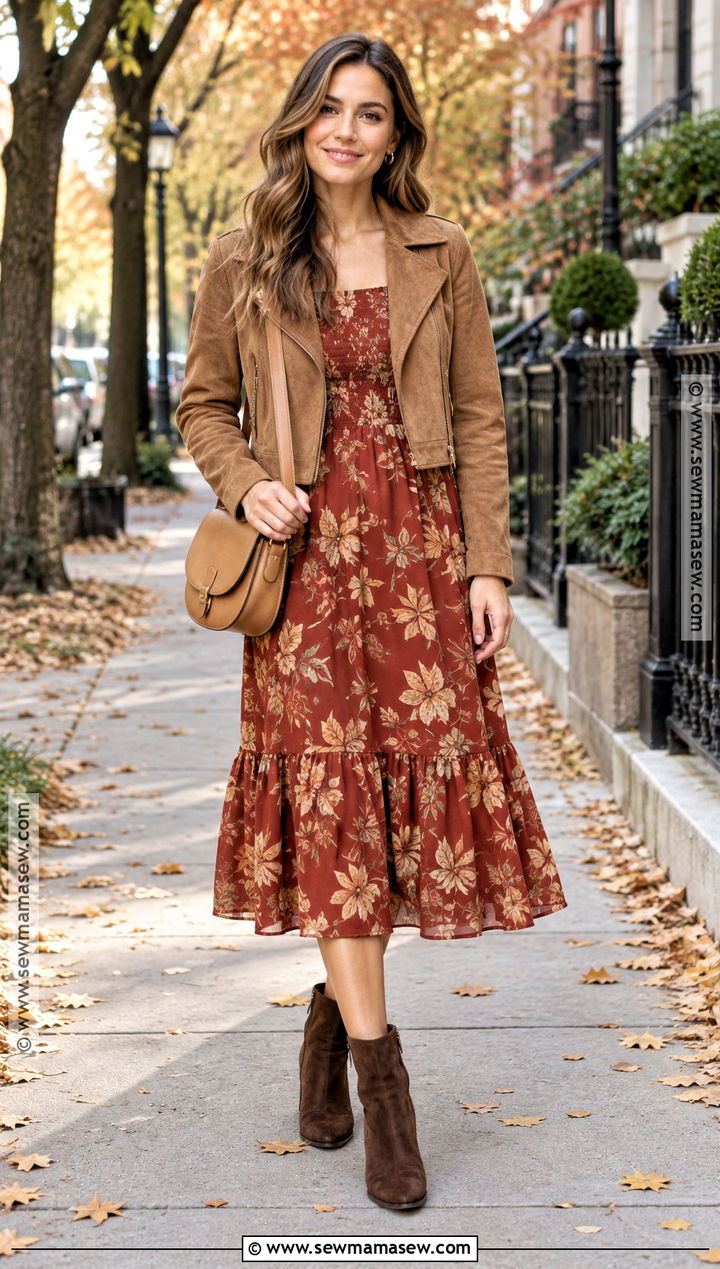 Rust Fall Leaves Midi Dress With Ankle Boots - 20 fall leaves dress ideas
