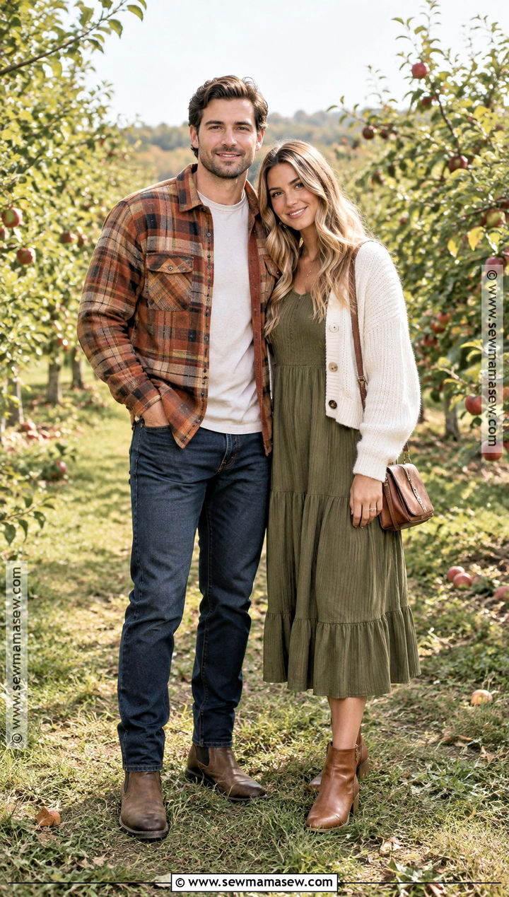 Rust Flannel And Olive Dress Couples Outfit - 15 couples fall photoshoot outfits flannel