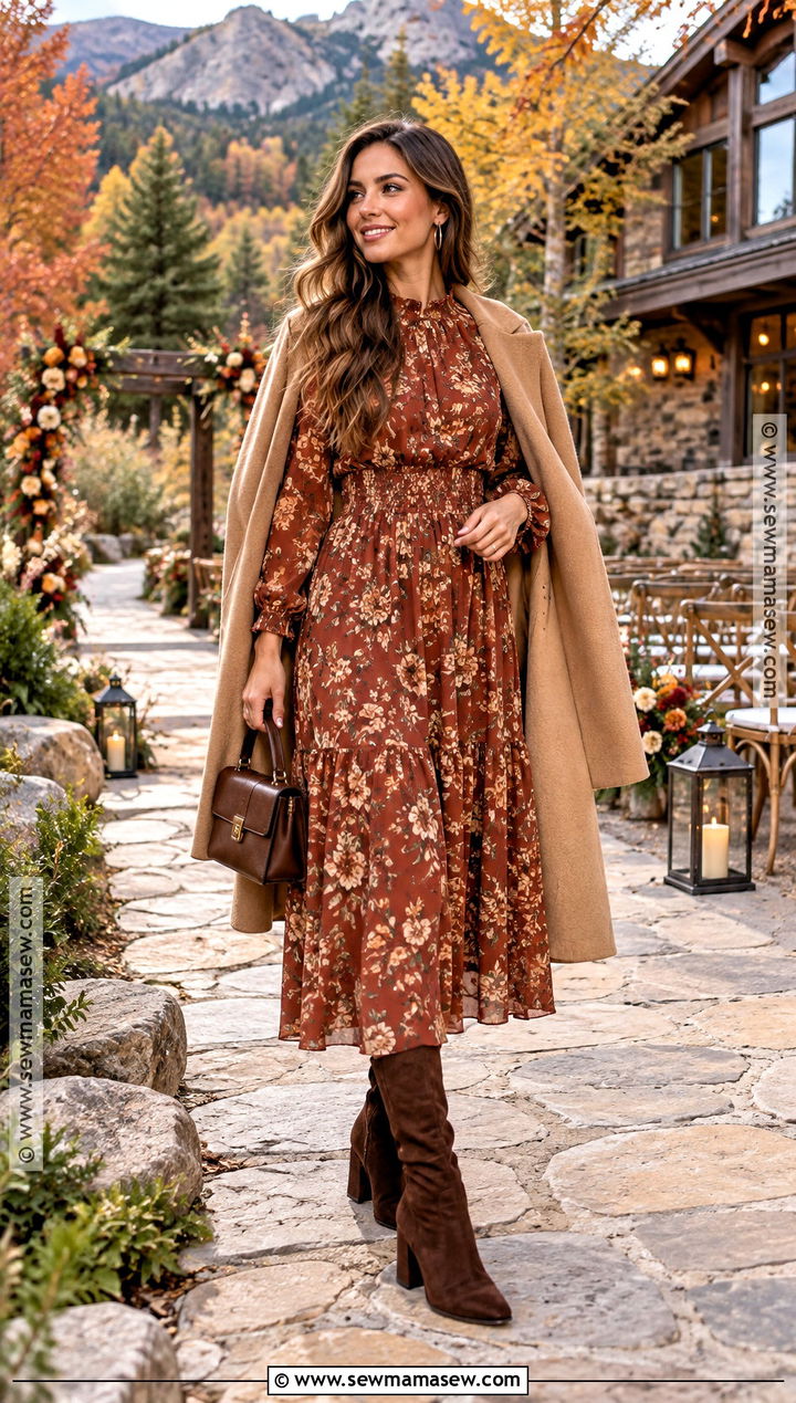 Rust Floral Long Sleeve Dress Fall Mountain Wedding Outfit - 15 fall mountain wedding guest outfit ideas