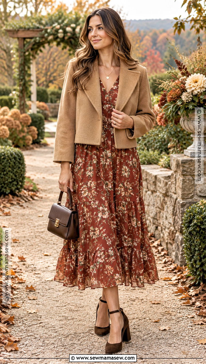 Rust Floral Long Sleeve Dress Outfit - 15 outside fall wedding outfit guest ideas