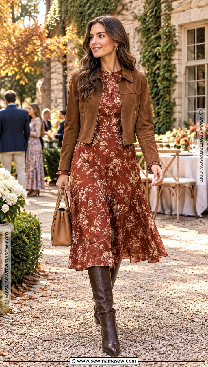 Rust Floral Long Sleeve Midi Dress - 20 fall party dress ideas