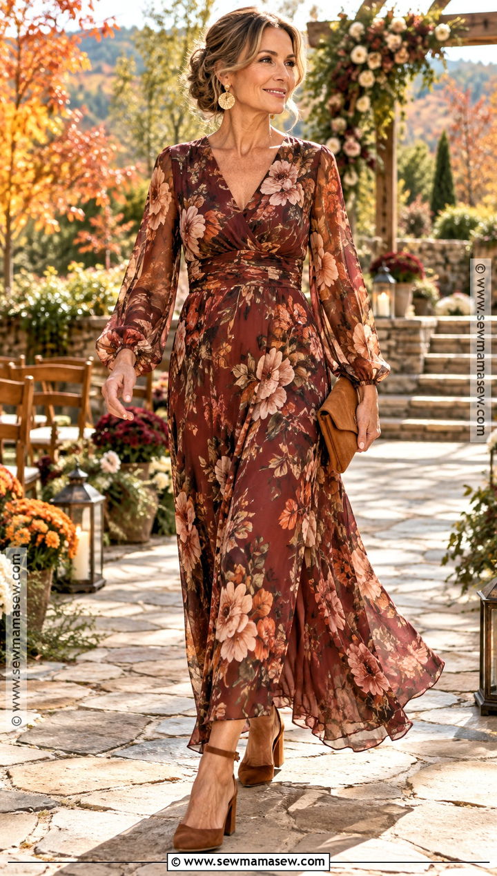 Rust Floral Long Sleeve Mother Of The Bride Dress - 15 Fall Mother Of The Bride Dresses Bohemian