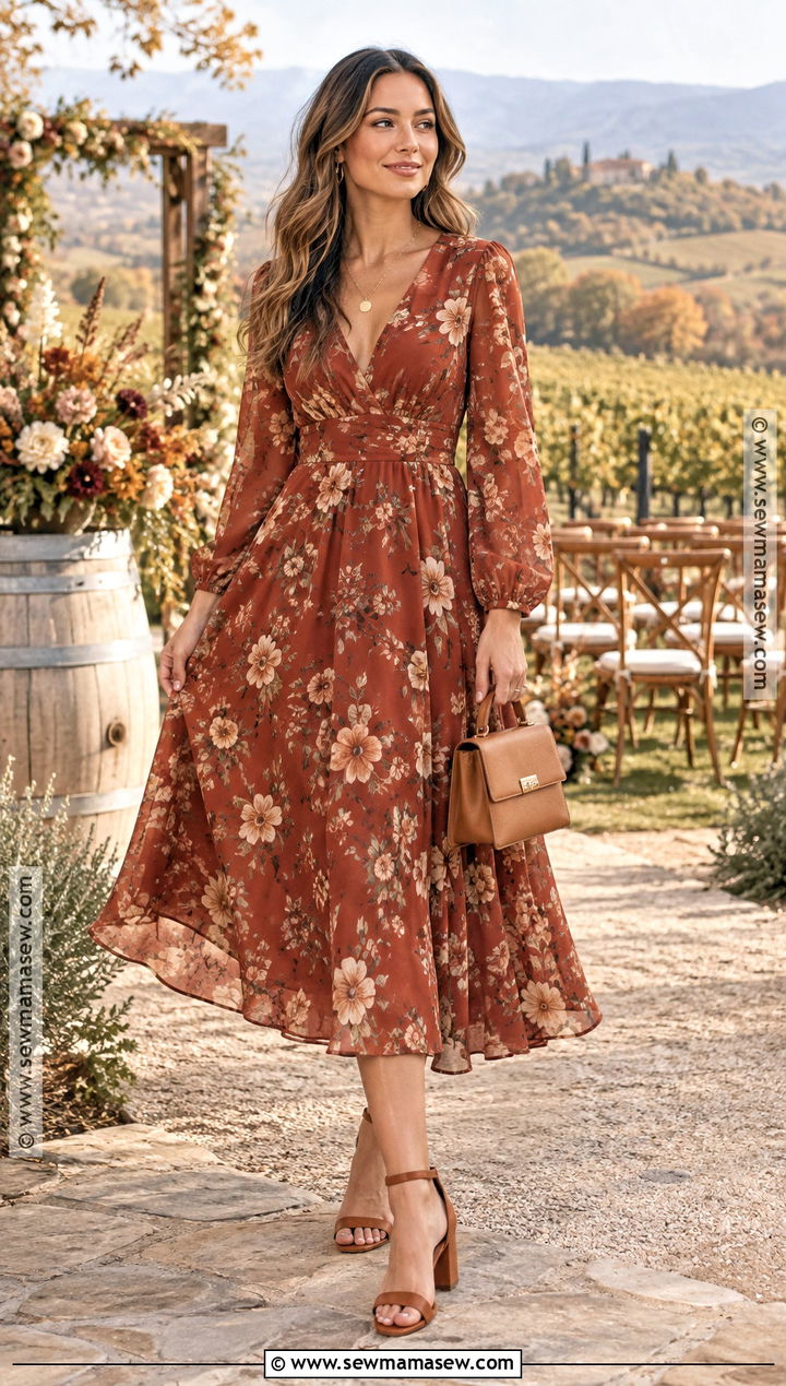 Rust Floral Long Sleeve Wedding Guest Dress - 20 long sleeve wedding guest dress fall ideas