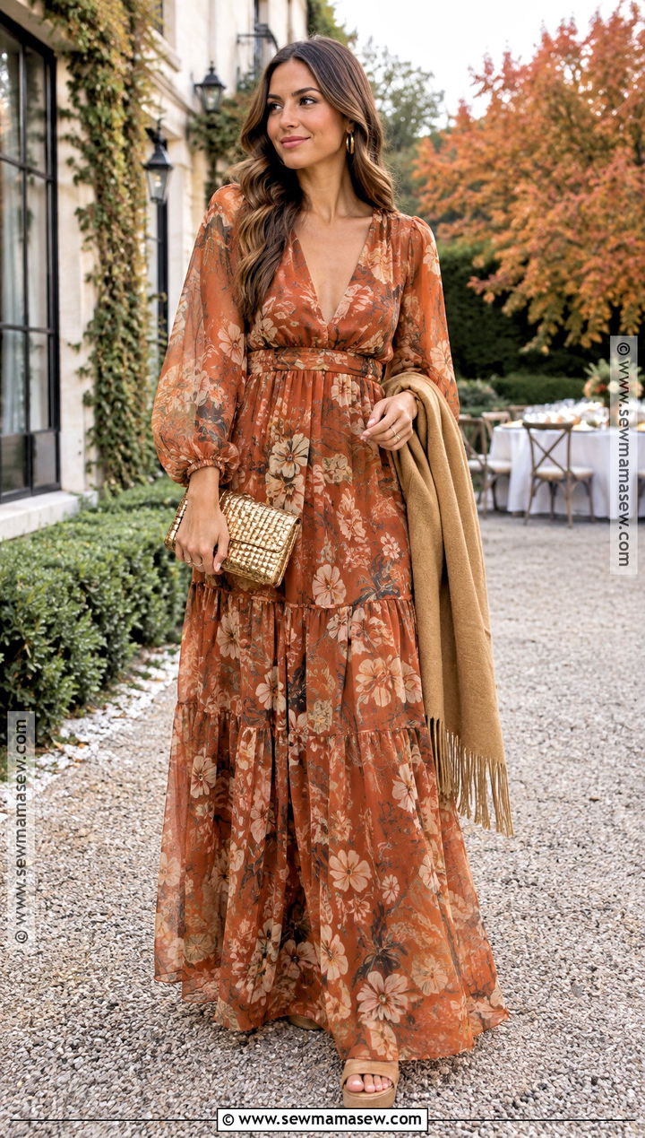 Rust Floral Maxi Bohemian Wedding Guest Dress - 15 bohemian wedding guest dress fall ideas