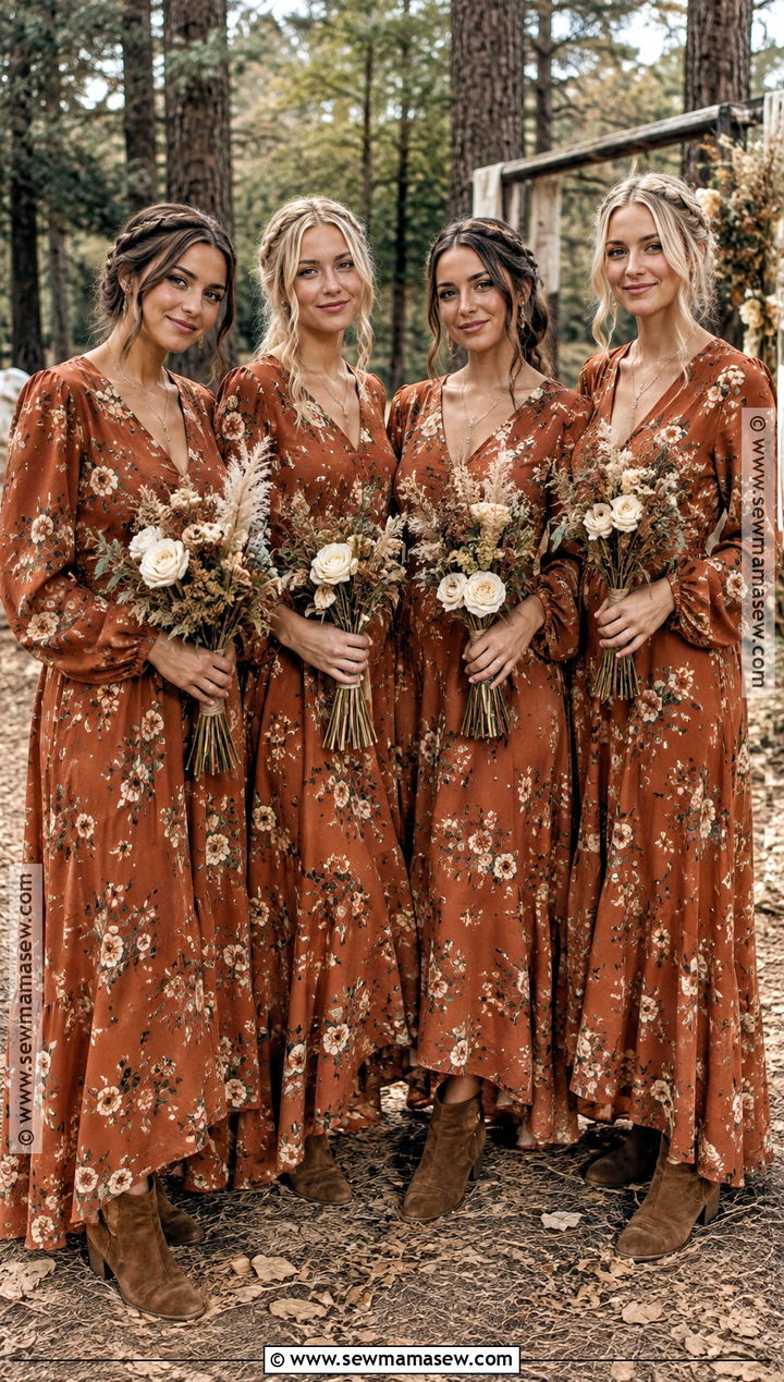 Rust Floral Maxi Bridesmaid Dresses - 15 october wedding ideas outdoor bridesmaid dresses