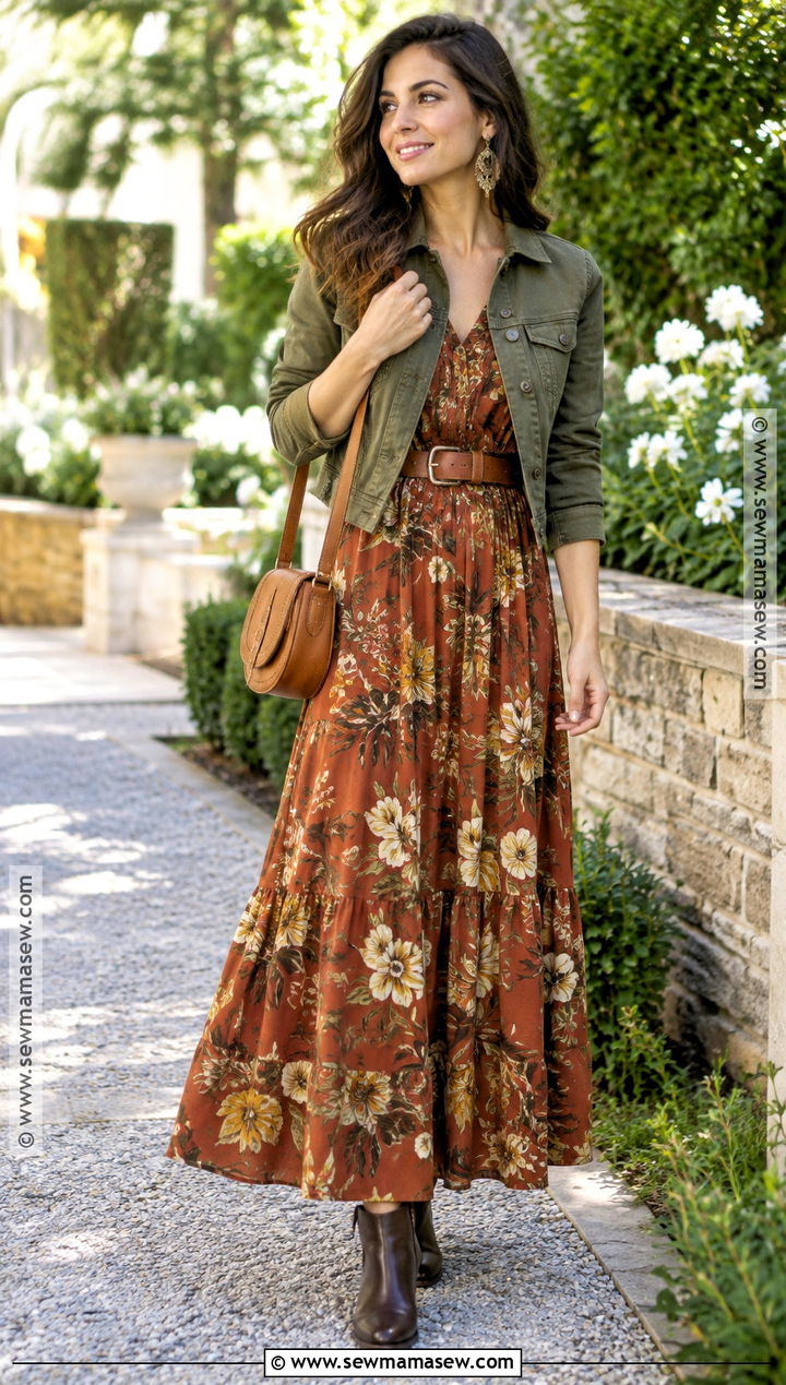 Rust Floral Maxi Dress And Brown Boots Outfit - 25 warm autumn color palette outfit ideas