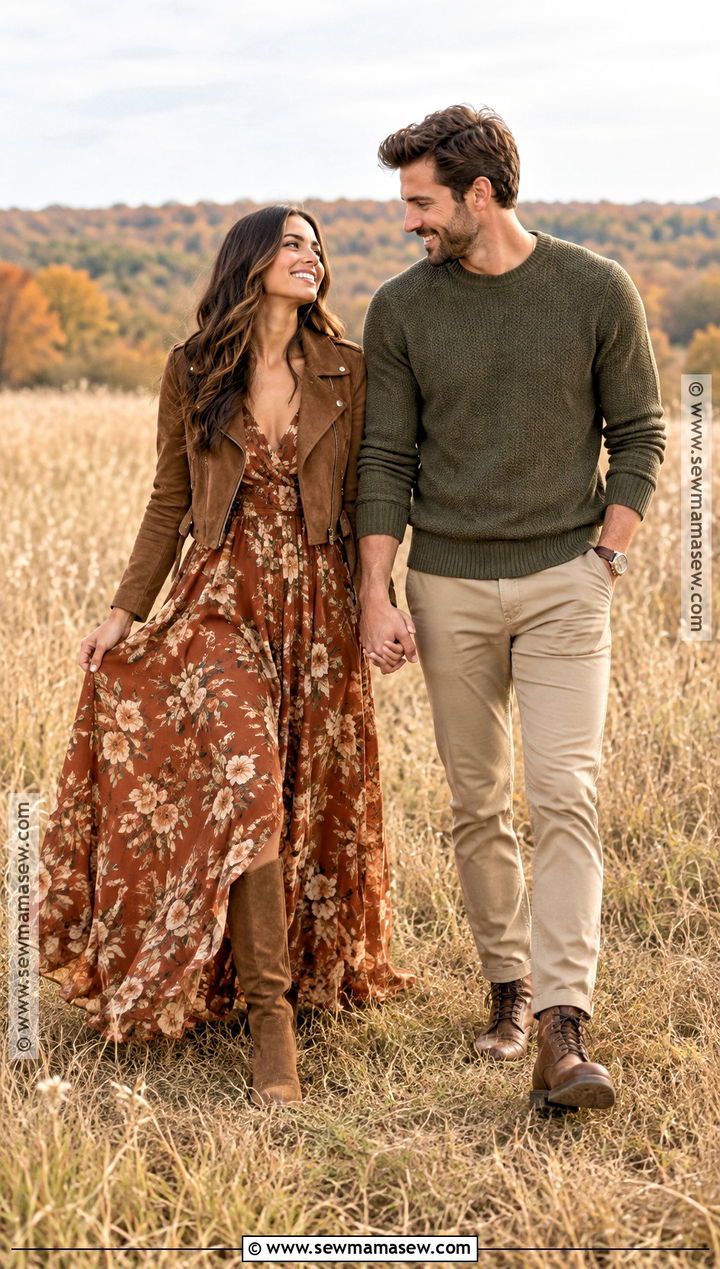 Rust Floral Maxi Dress Fall Couple Photo Outfit - 15 fall couple photos outfits dress