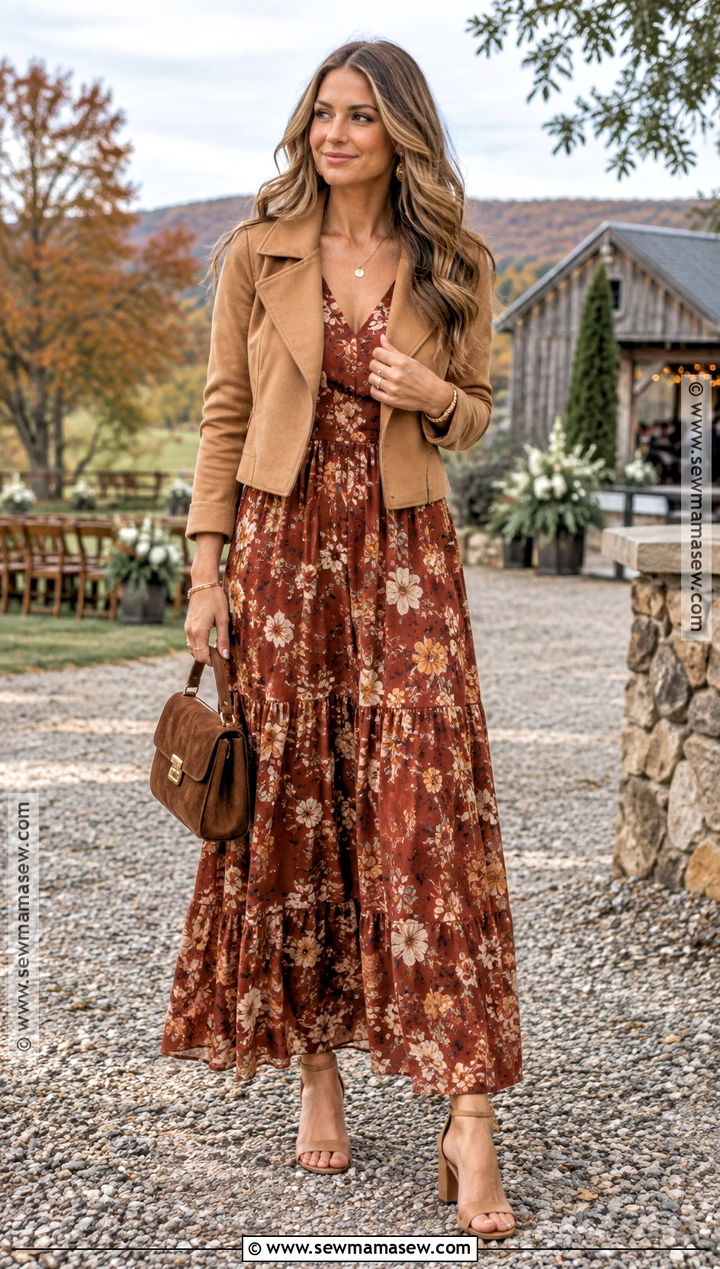 Rust Floral Maxi Dress For Fall Wedding Guest - 15 fall outfits for wedding guest