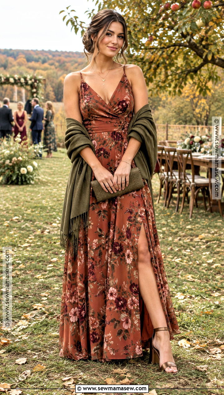 Rust Floral Maxi Dress Outfit - 15 autumn wedding party attire ideas