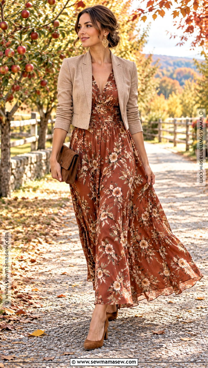 Rust Floral Maxi Dress With Block Heels - 20 fall country wedding guest outfit ideas