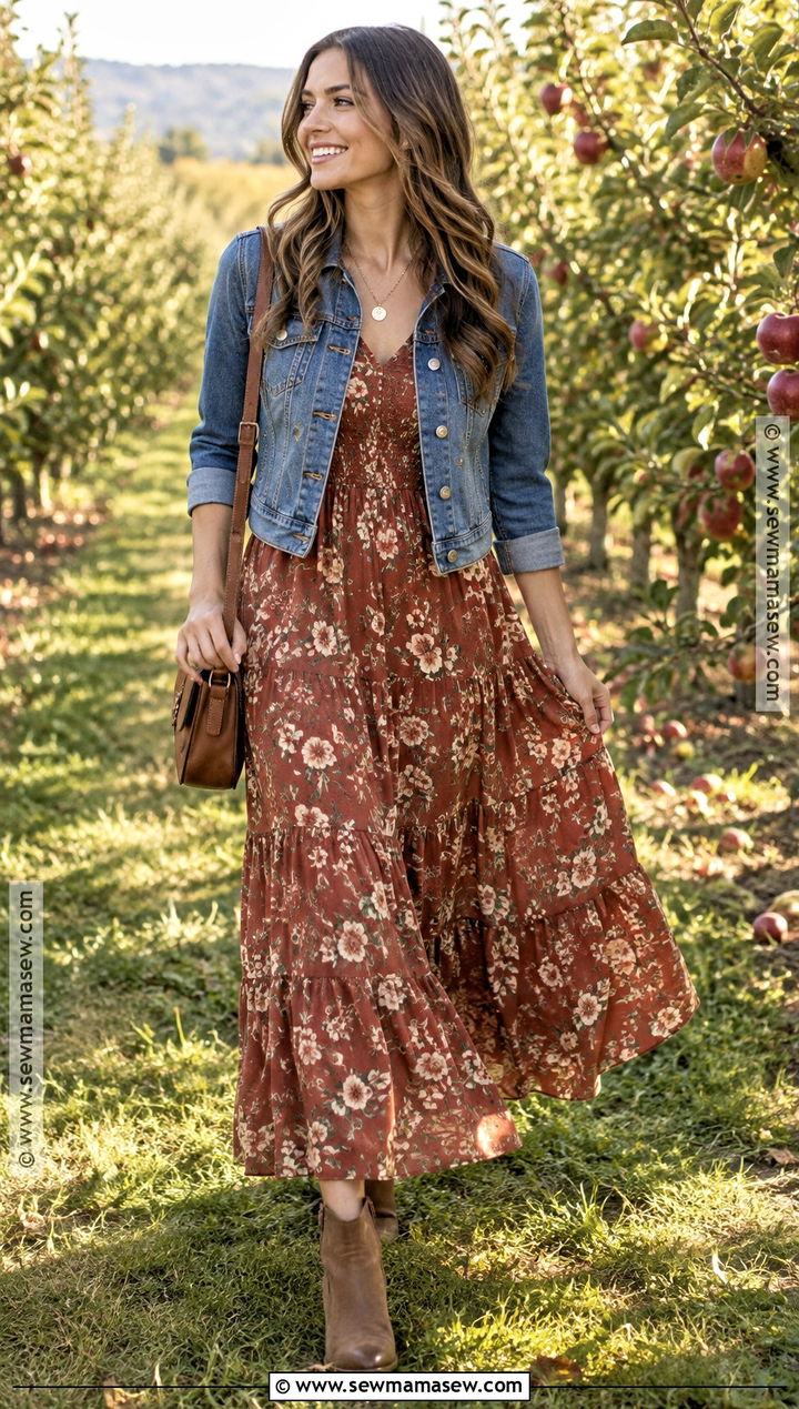 Rust Floral Maxi Dress With Denim Jacket - 15 fall engagement photos dress ideas
