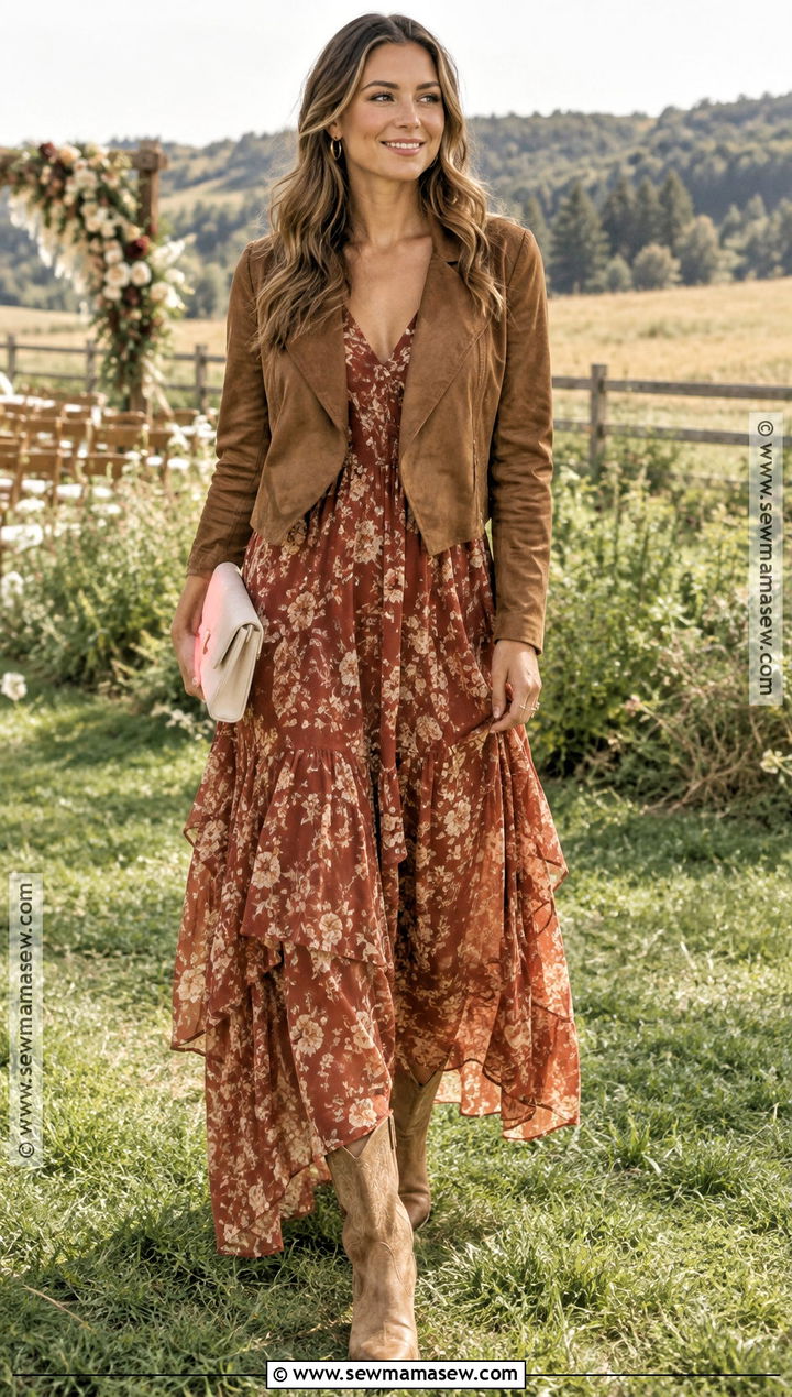 Rust Floral Maxi Dress With Tan Fall Wedding Cowboy Boots - 15 Fall Wedding Cowboy Boots