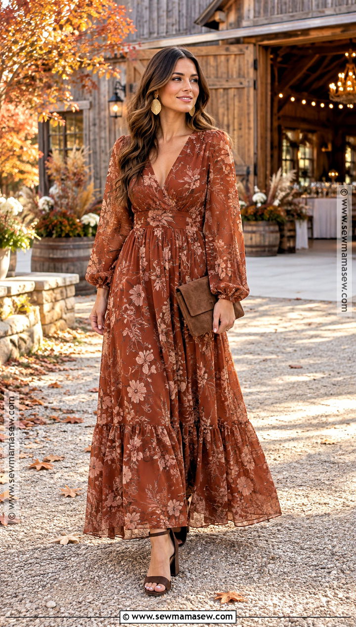 Rust Floral Maxi Dress - 15 boho fall wedding guest dress ideas