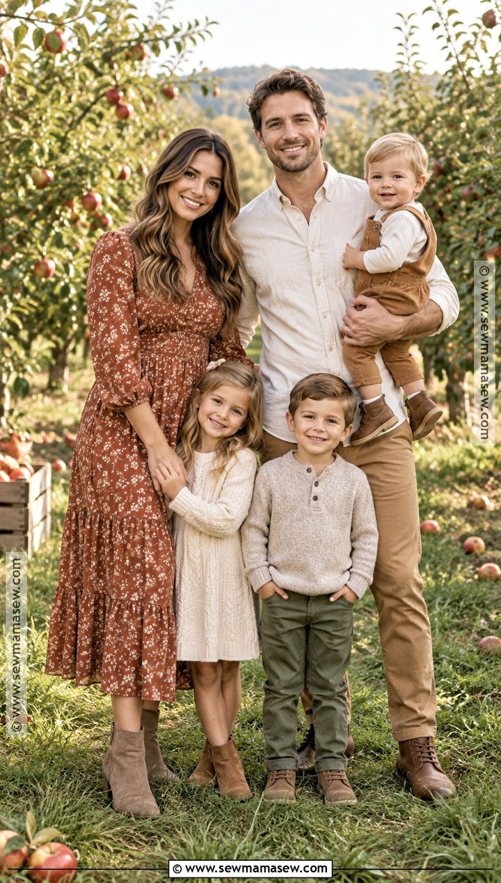 Rust Floral Midi Dress And Camel Chinos Family Outfit - 15 fall family pictures outfits rust color