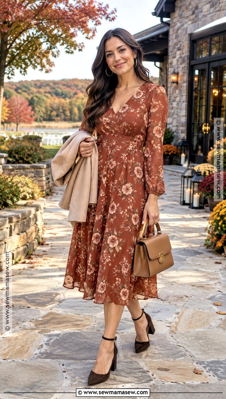 Rust Floral Midi Dress Fall Wedding Guest Outfit - 15 Trendy Fall Wedding Guest Outfit Ideas