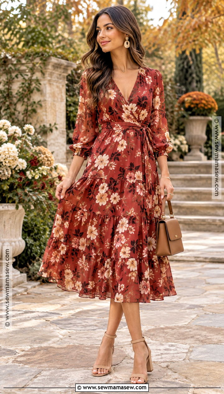 Rust Floral Midi Dress For A Fall Brunch Wedding - 15 fall brunch wedding guest dress ideas