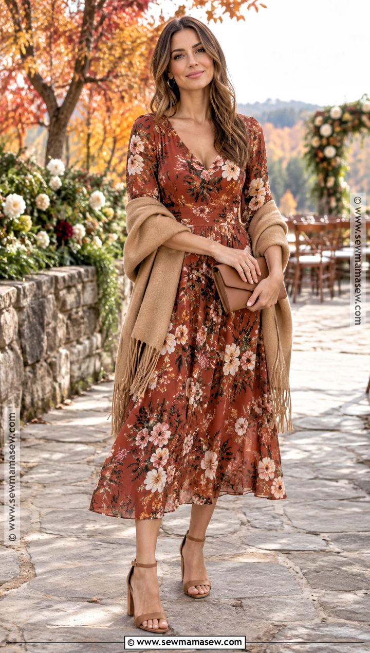 Rust Floral Midi Dress Outfit - 15 Fall Wedding Guest Midi Dress Ideas
