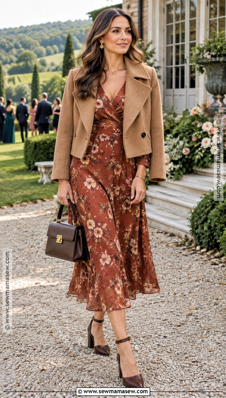 Rust Floral Midi Dress Outfit - 15 Wedding Guest Fall Outfit Classy Ideas