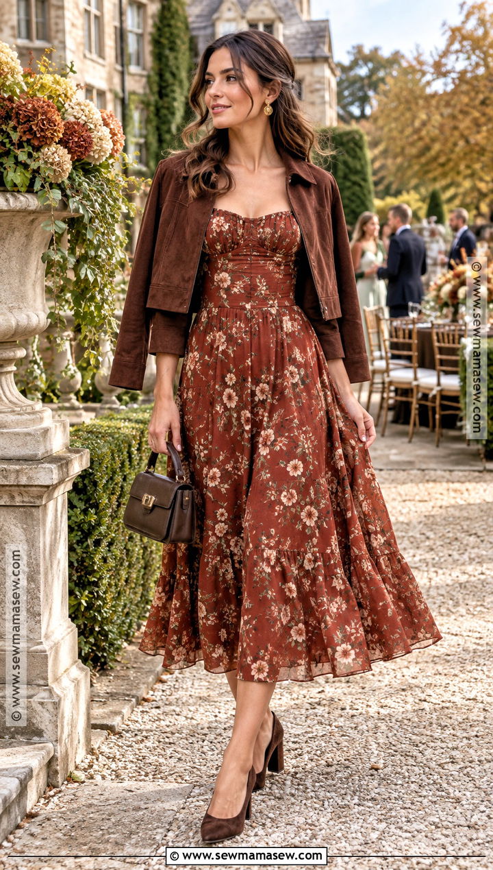 Rust Floral Midi Dress Outfit - 20 Fall Semi Formal Outfits