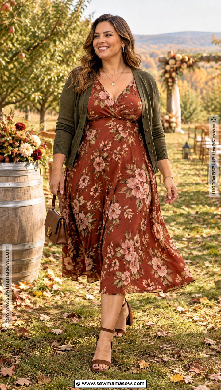 Rust Floral Midi Dress Outfit - 15 casual wedding outfit guest fall ideas