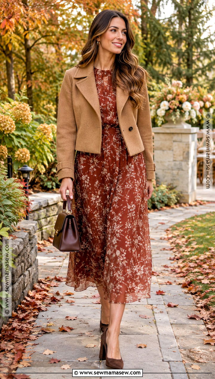 Rust Floral Midi Dress for a Fall Wedding - 15 elegant fall wedding attire ideas