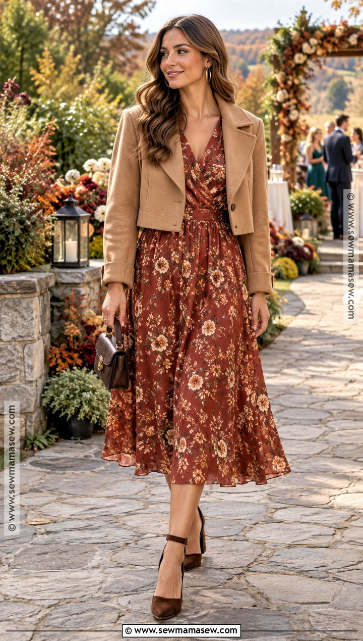Rust Floral Midi Dress - 15 dress for wedding guest fall ideas