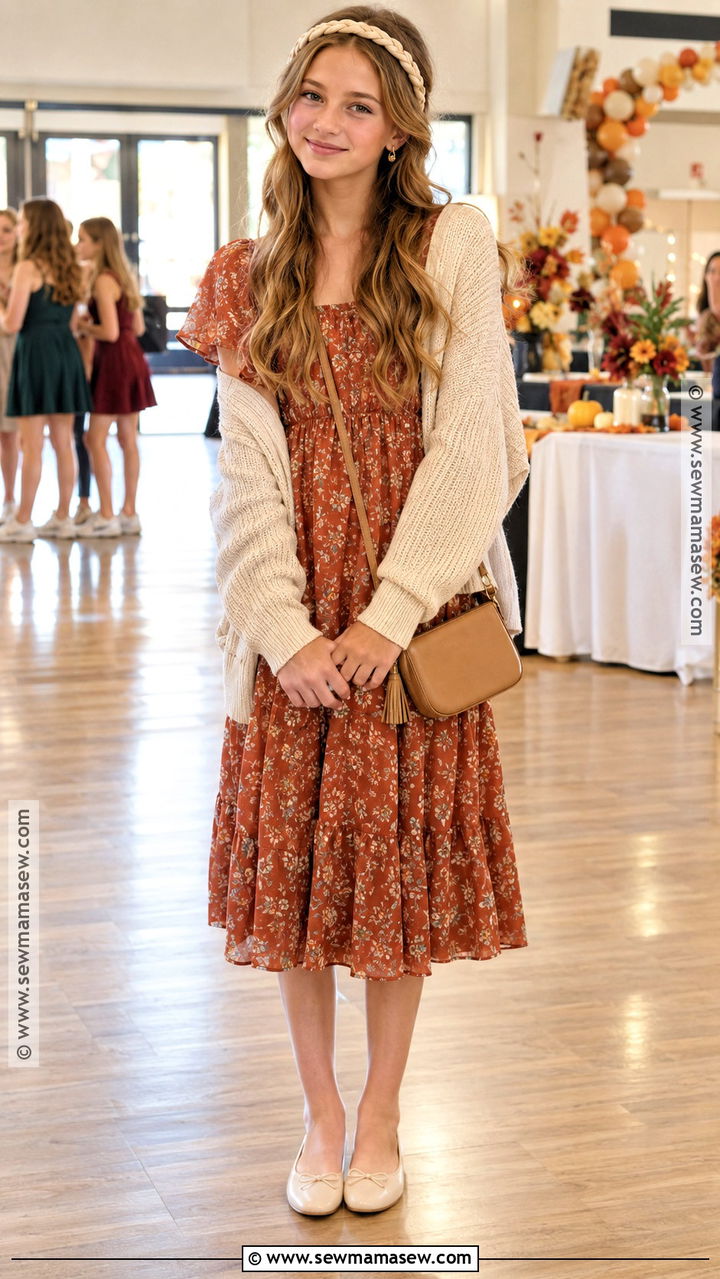 Rust Floral Midi Fall Dance Dress - 20 Fall Dance Dresses Middle School