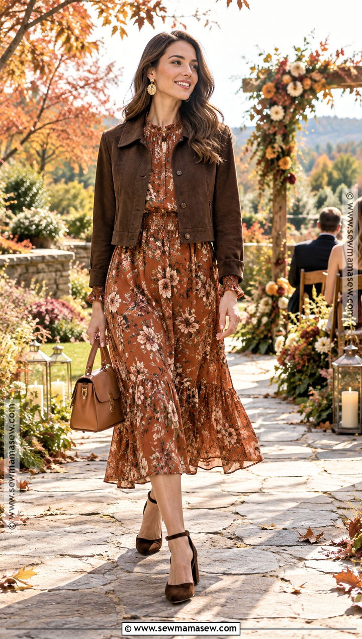 Rust Floral Midi Fall Outdoor Wedding Guest Dress - 20 fall outdoor wedding guest dress ideas
