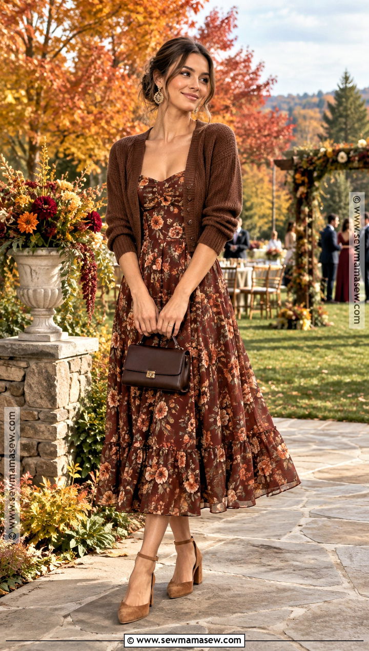 Rust Floral Midi Fall Wedding Guest Outfit - 15 cute fall wedding outfits for guest