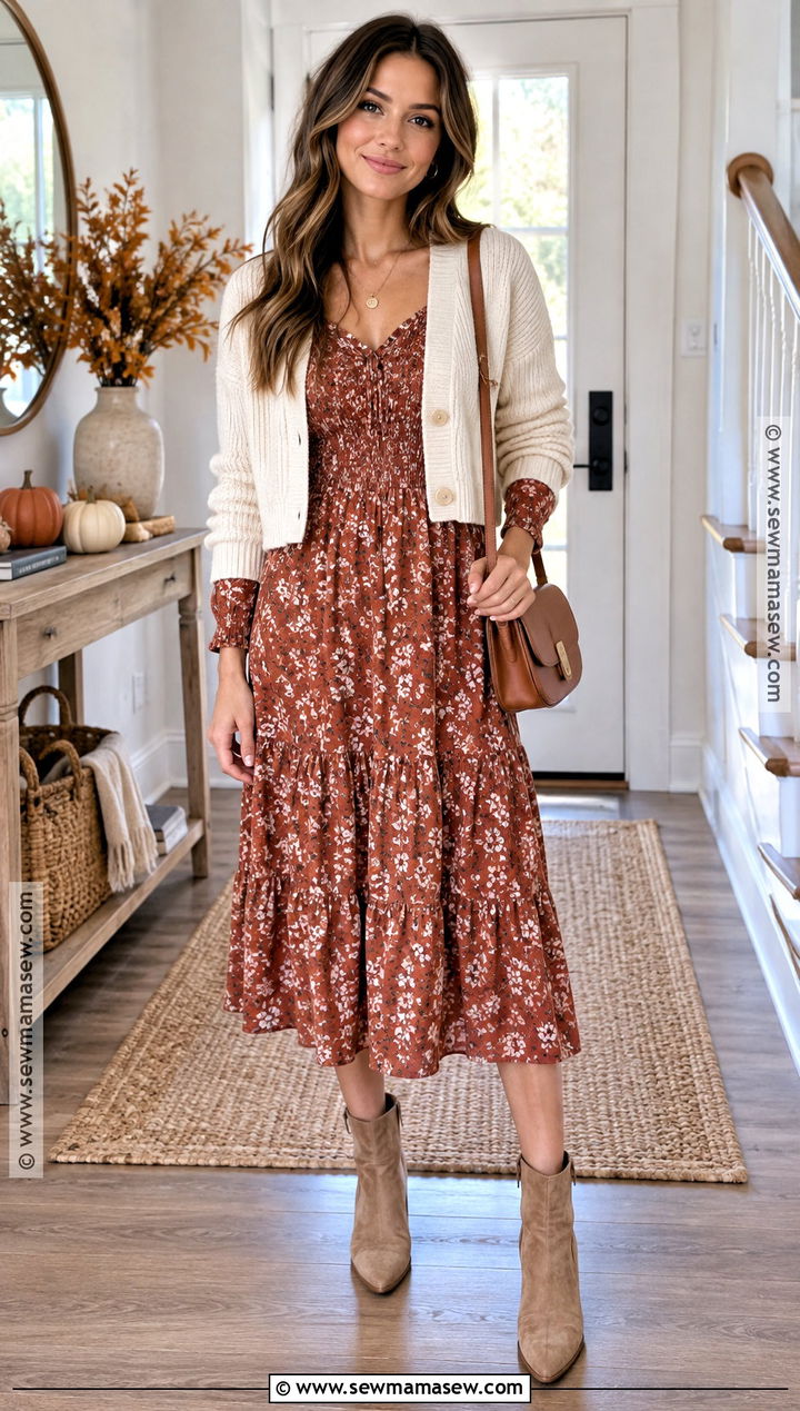 Rust Floral Midi Thanksgiving Dress Outfit - 20 Thanksgiving Outfits Women Dresses