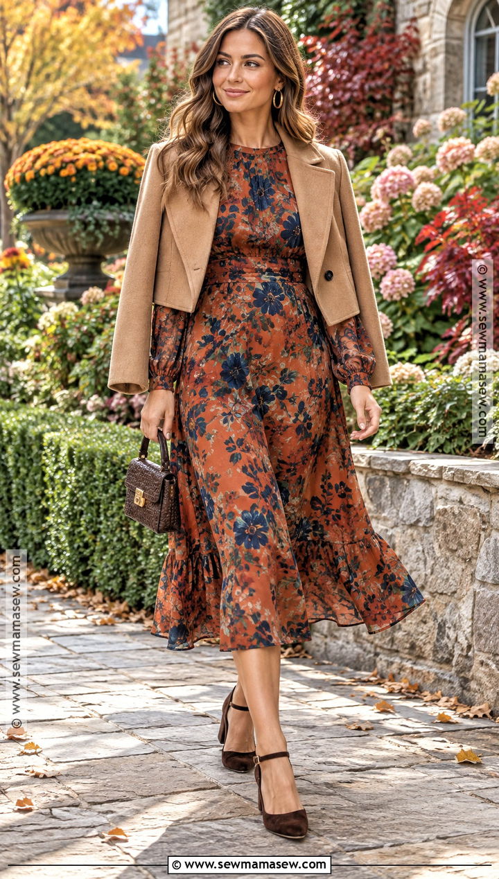 Rust Floral Midi Wedding Guest Outfit - 20 wedding guest autumn outfit ideas