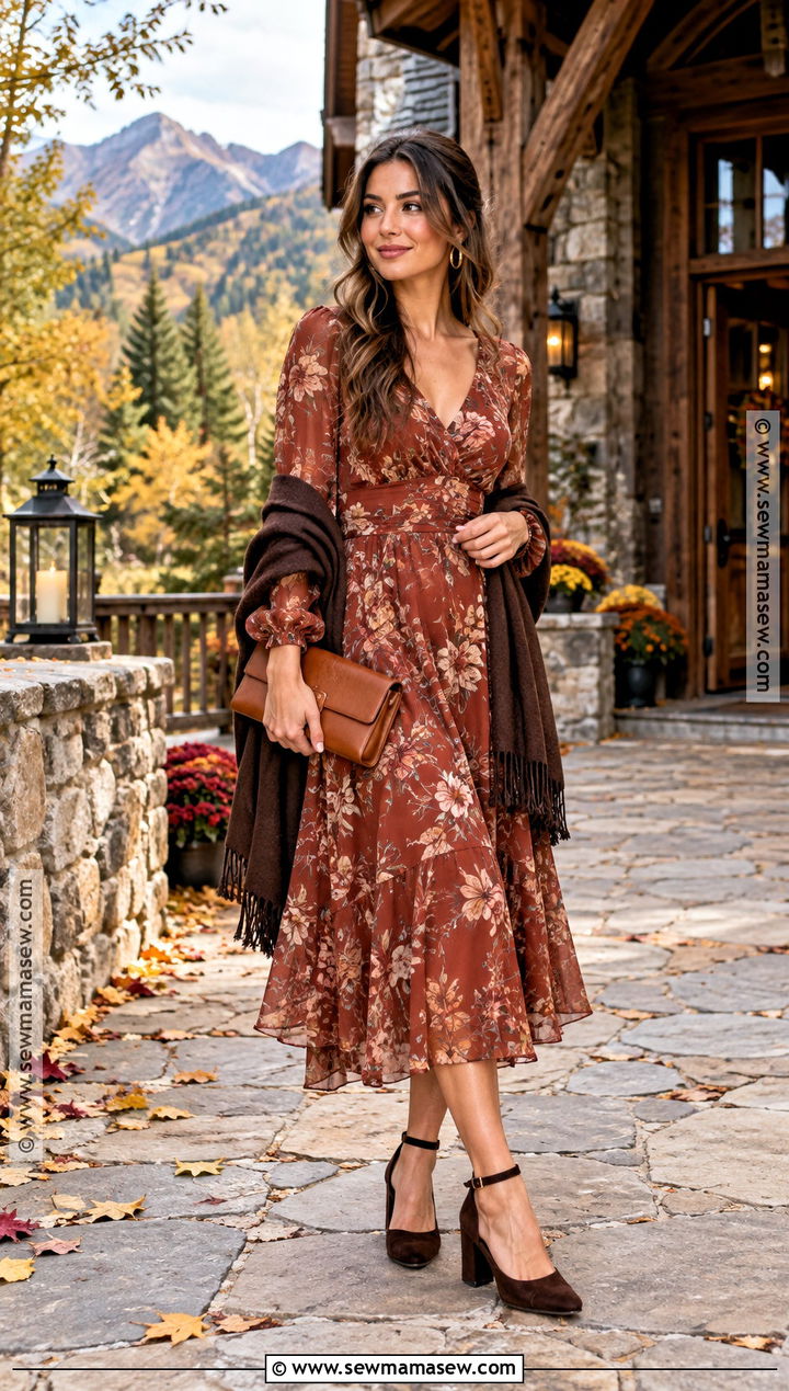 Rust Floral Mountain Wedding Guest Dress - 20 fall mountain wedding guest dress ideas