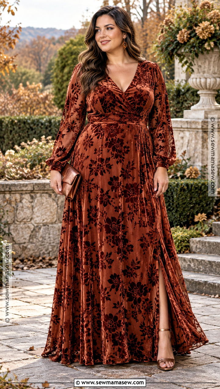 Rust Floral Velvet Bridesmaid Dress - 15 Fall Patterned Bridesmaid Dresses