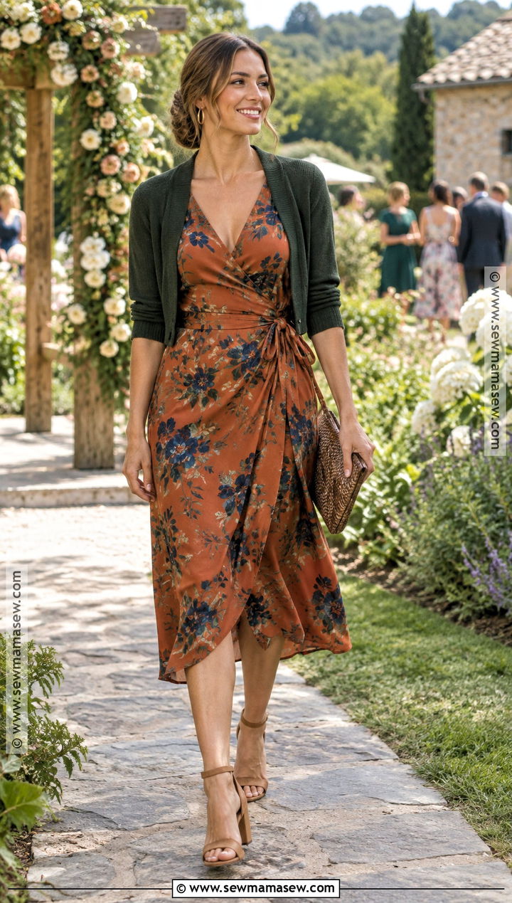 Rust Floral Wrap Dress Wedding Guest Outfit - 15 early fall wedding guest outfit ideas